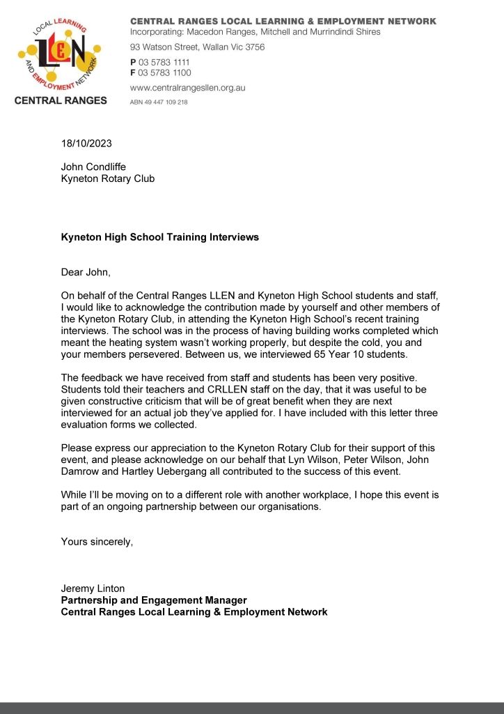 Thank you letter training interviews - Kyneton High School - Excellence in Teaching & Learning